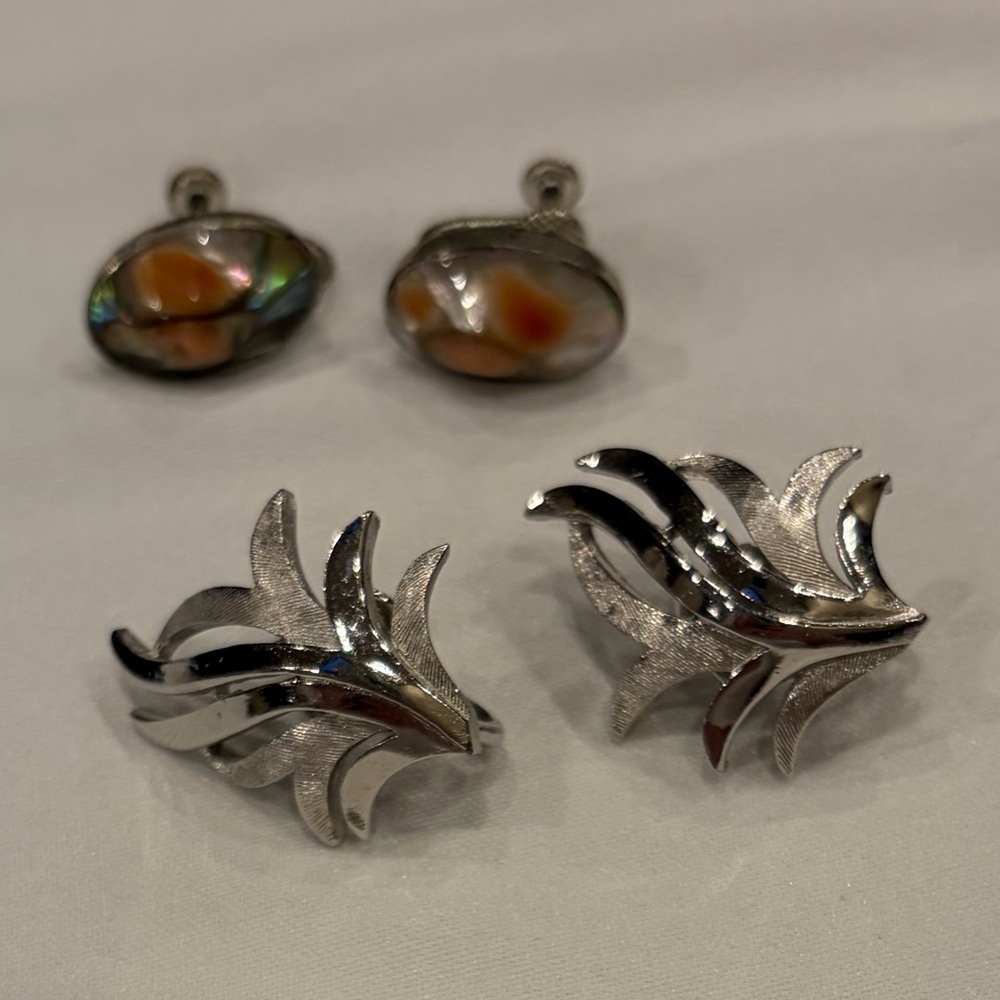 Vintage Silver Leaf Trifari Clip on & Abalone set in Silver Screw Back Earrings